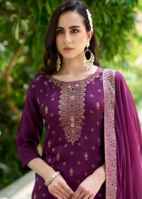 3 Pc Purple Readymade Viscose Dupatta Suit Set