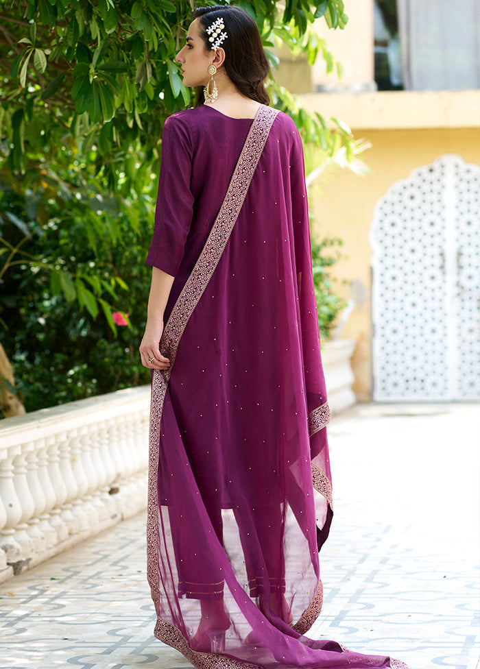 3 Pc Purple Readymade Viscose Dupatta Suit Set