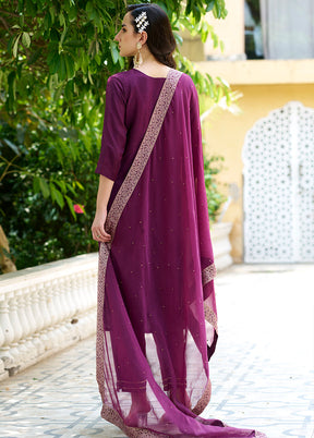 3 Pc Purple Readymade Viscose Dupatta Suit Set