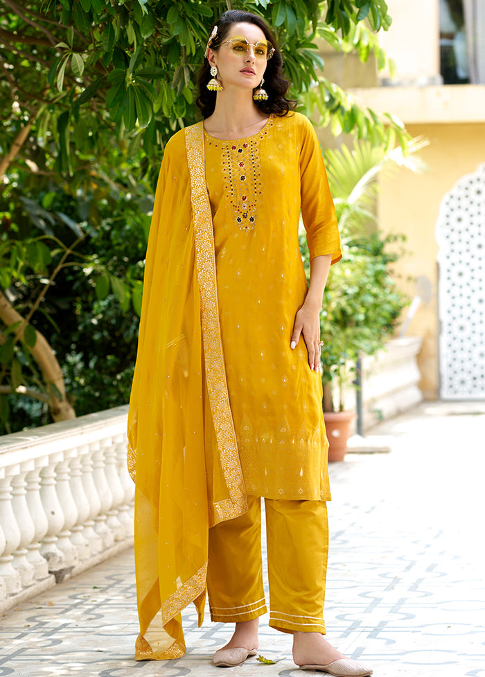 3 Pc Yellow Readymade Viscose Dupatta Suit Set