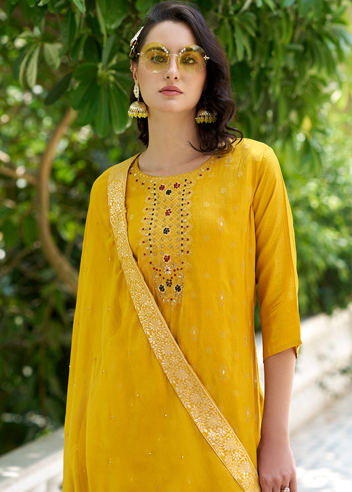 3 Pc Yellow Readymade Viscose Dupatta Suit Set