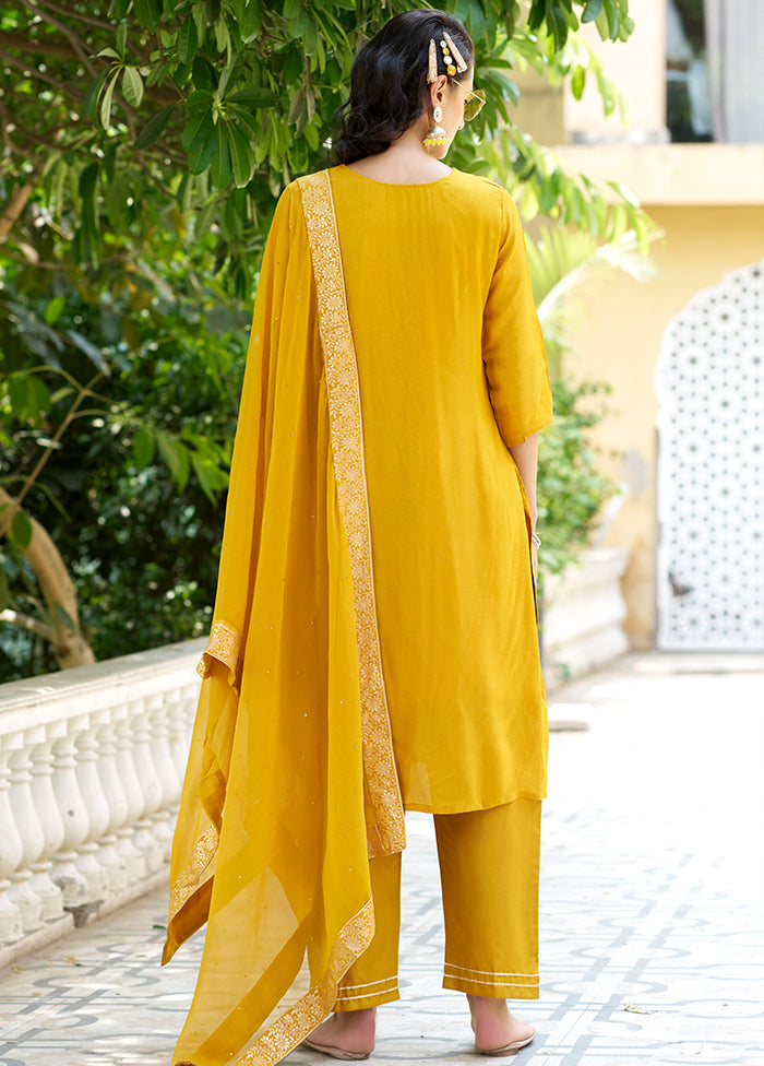 3 Pc Yellow Readymade Viscose Dupatta Suit Set
