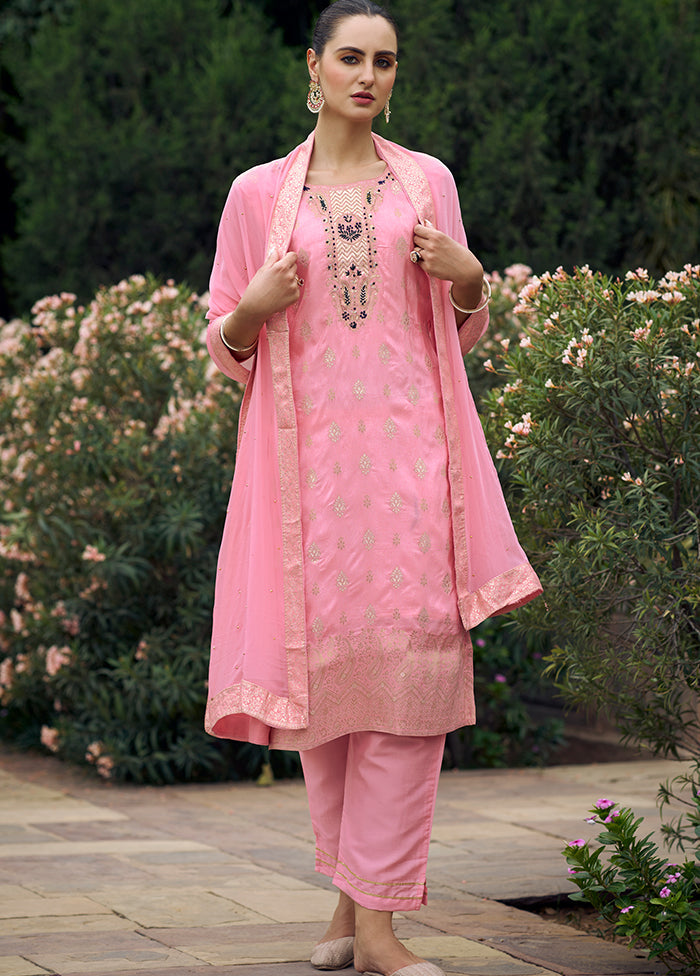 3 Pc Pink Readymade Viscose Dupatta Suit Set