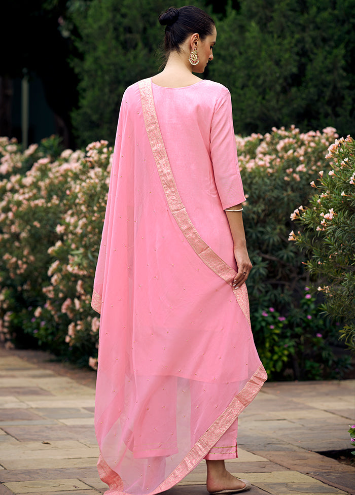 3 Pc Pink Readymade Viscose Dupatta Suit Set