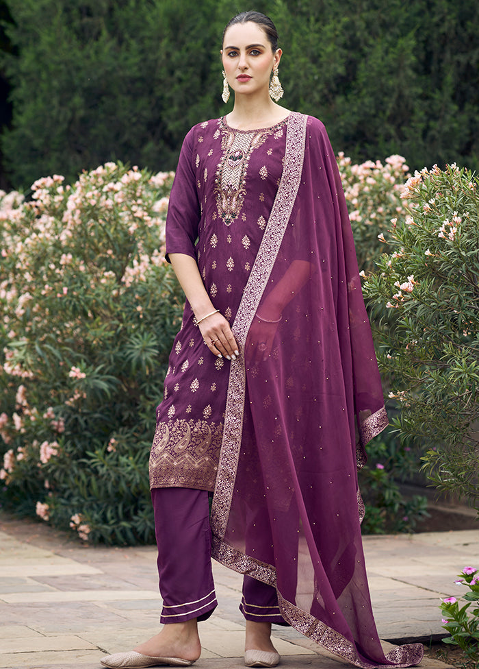 3 Pc Wine Readymade Viscose Dupatta Suit Set