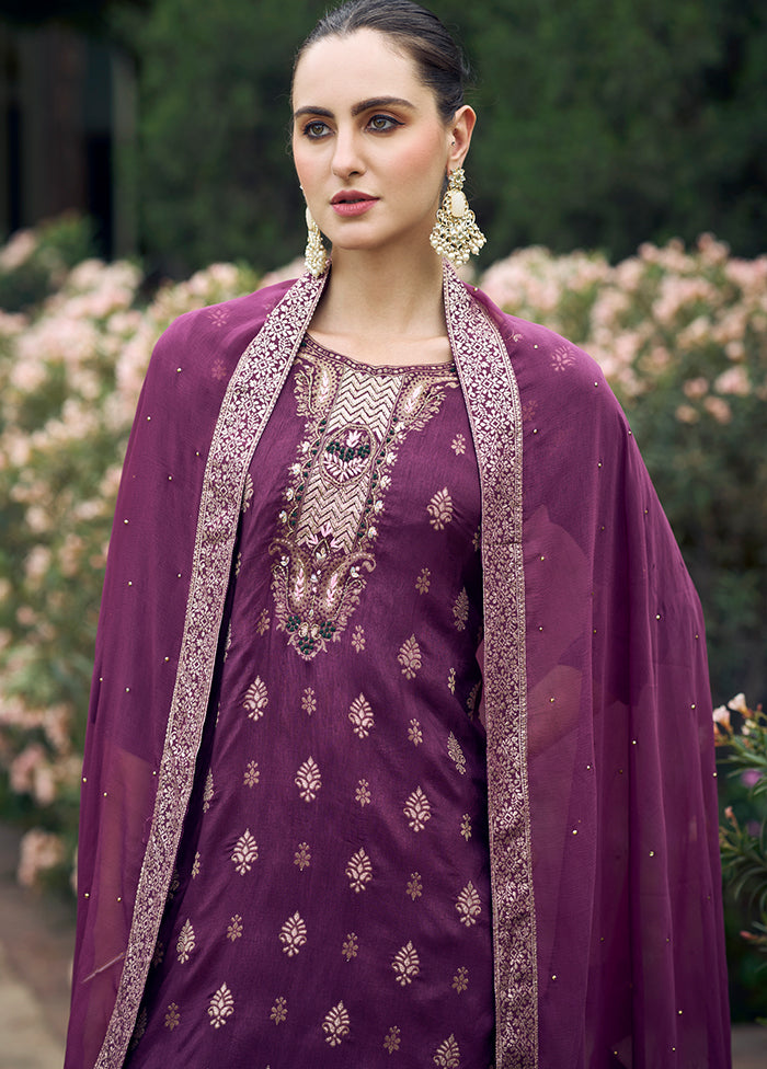 3 Pc Wine Readymade Viscose Dupatta Suit Set