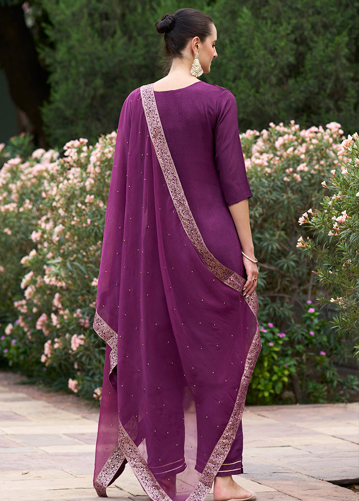 3 Pc Wine Readymade Viscose Dupatta Suit Set
