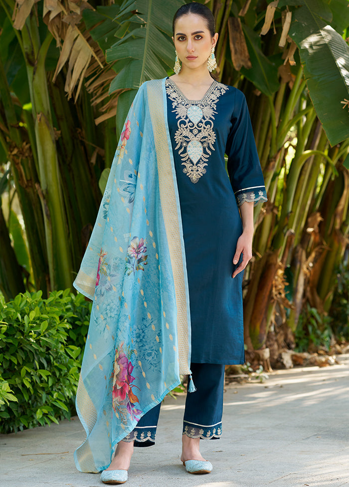 3 Pc Teal Readymade Viscose Dupatta Suit Set