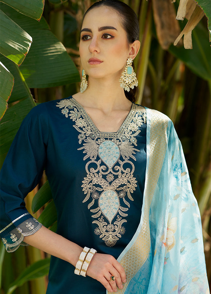 3 Pc Teal Readymade Viscose Dupatta Suit Set