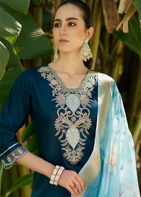 3 Pc Teal Readymade Viscose Dupatta Suit Set