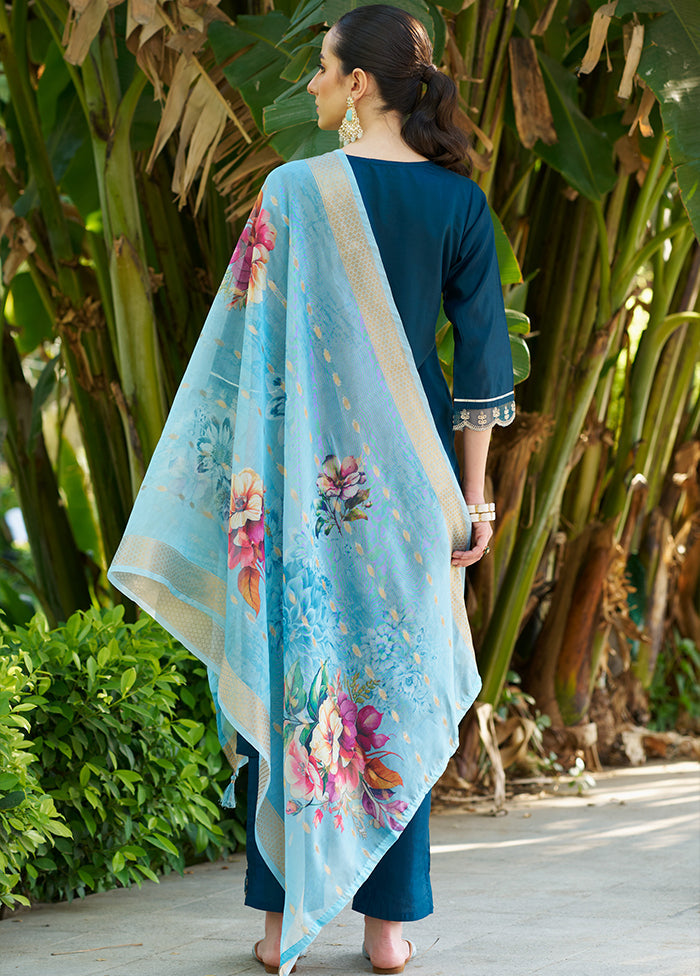 3 Pc Teal Readymade Viscose Dupatta Suit Set