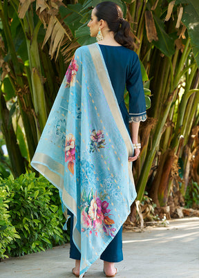 3 Pc Teal Readymade Viscose Dupatta Suit Set