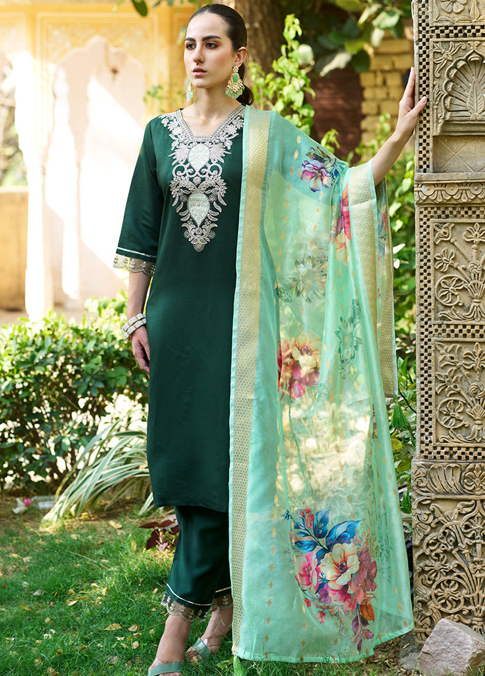 3 Pc Green Readymade Viscose Dupatta Suit Set