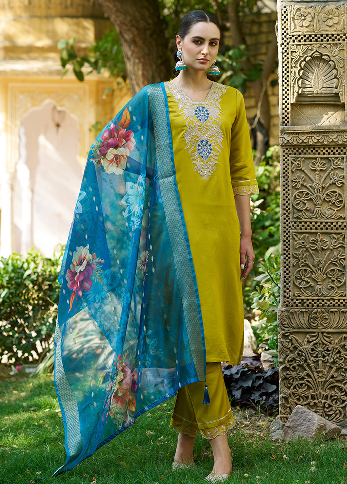 3 Pc Lemon Readymade Viscose Dupatta Suit Set