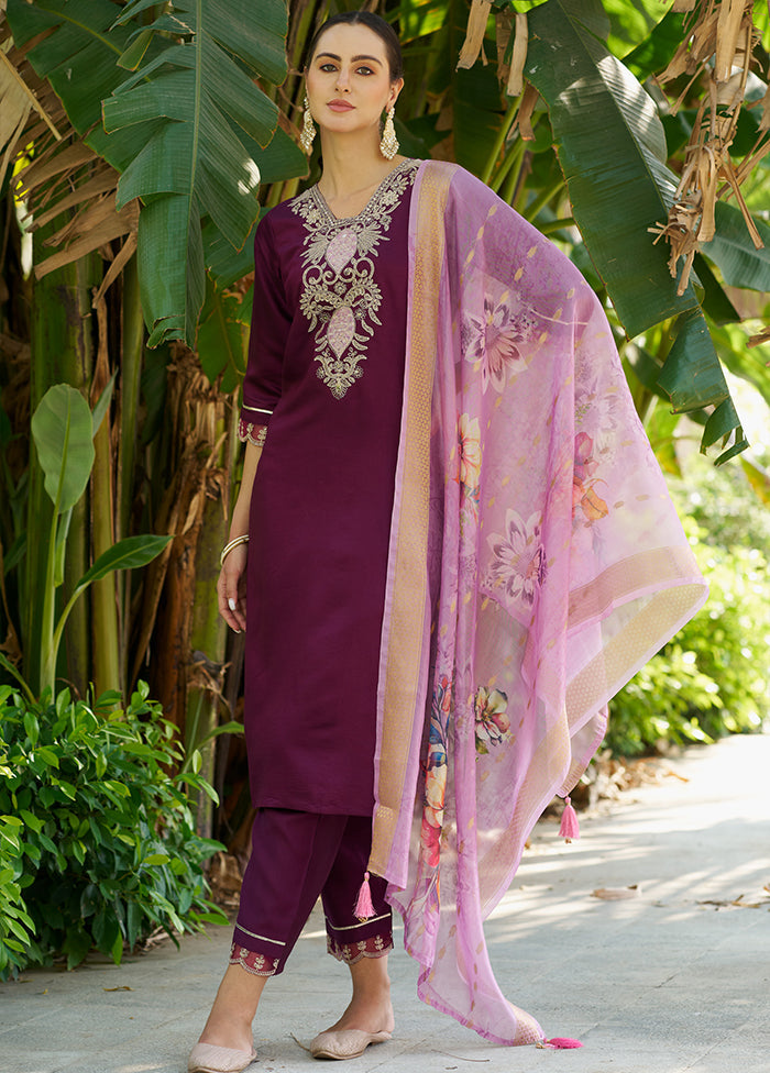 3 Pc Purple Readymade Viscose Dupatta Suit Set