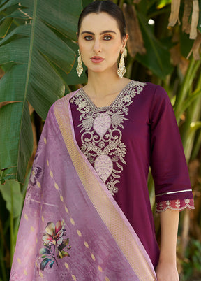 3 Pc Purple Readymade Viscose Dupatta Suit Set