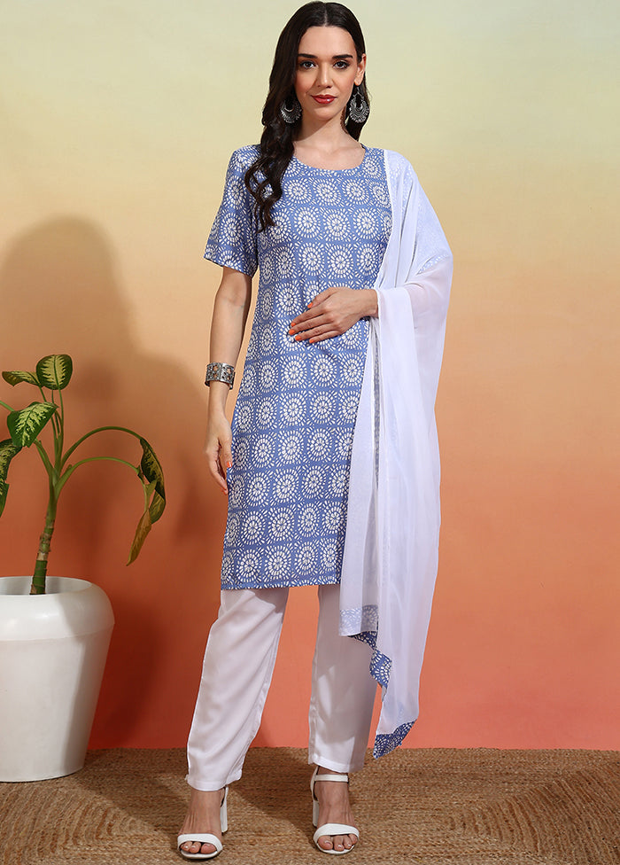 3 Pc Sky Blue Readymade Silk Dupatta Suit Set
