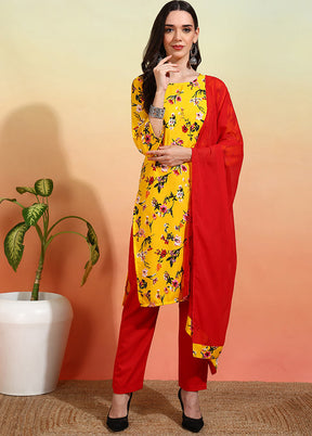 3 Pc Yellow Readymade Silk Dupatta Suit Set