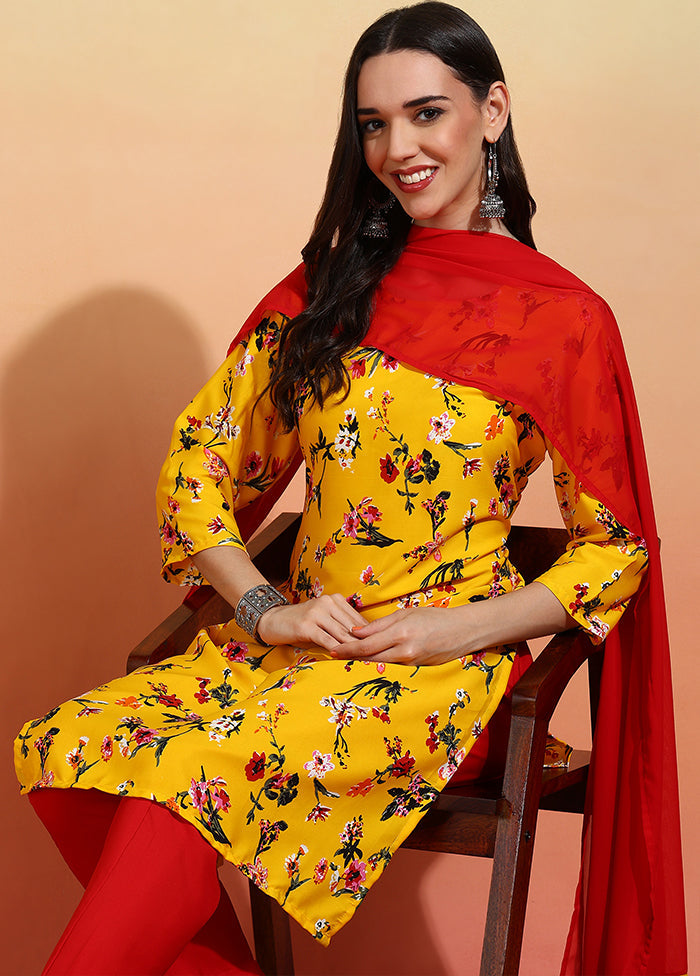 3 Pc Yellow Readymade Silk Dupatta Suit Set