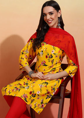 3 Pc Yellow Readymade Silk Dupatta Suit Set