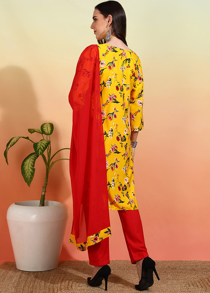 3 Pc Yellow Readymade Silk Dupatta Suit Set