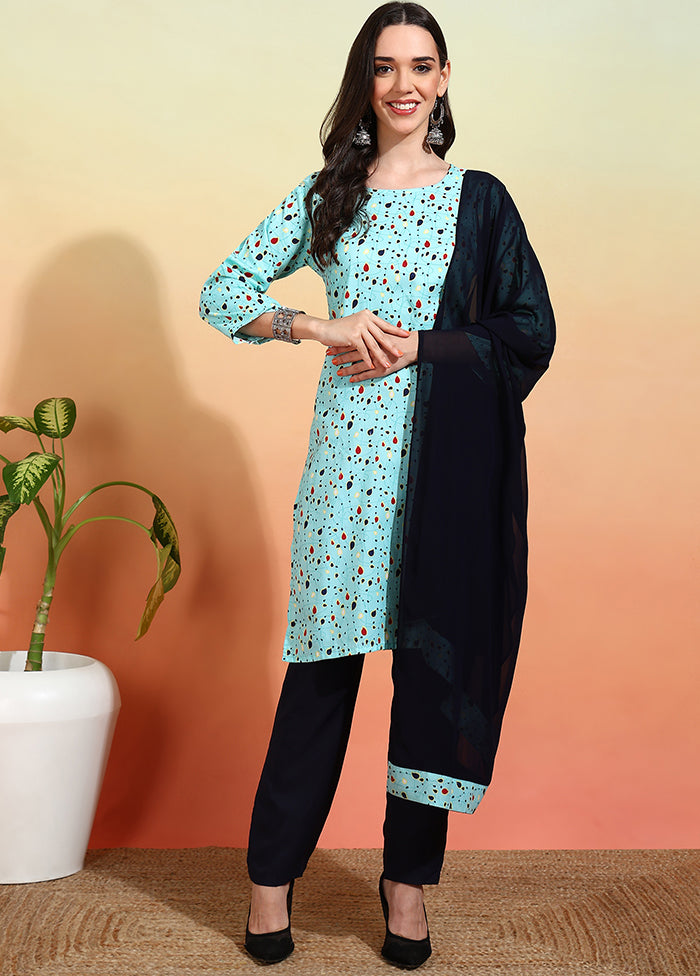 3 Pc Sky Blue Readymade Silk Dupatta Suit Set