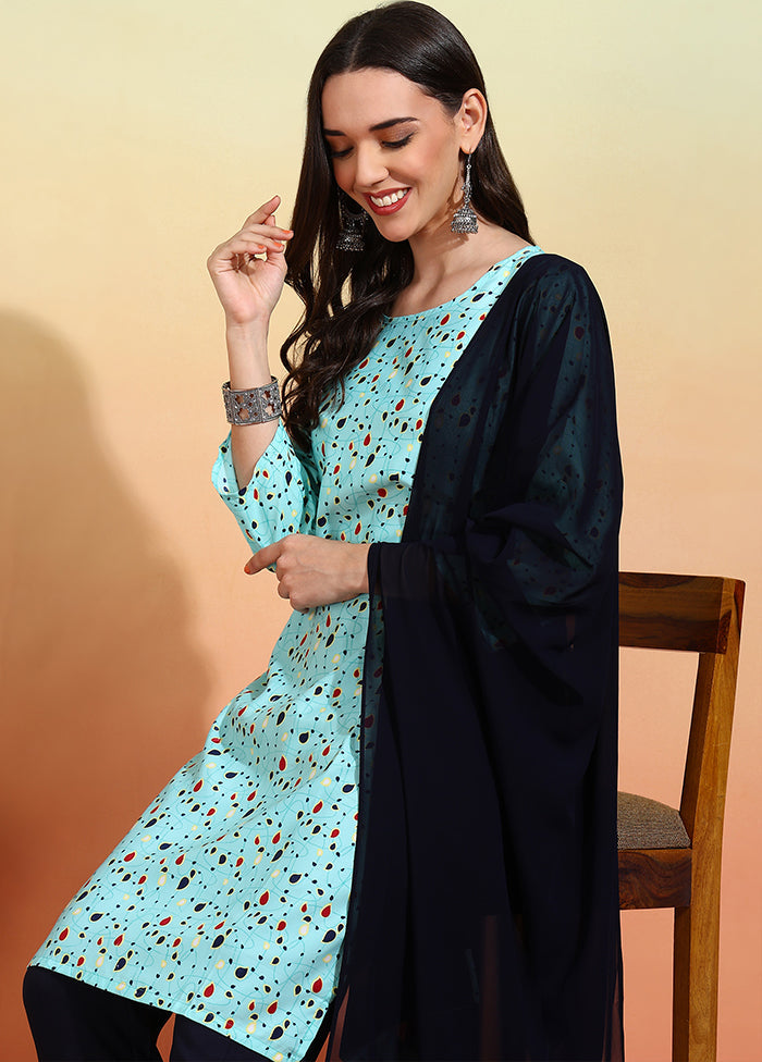 3 Pc Sky Blue Readymade Silk Dupatta Suit Set