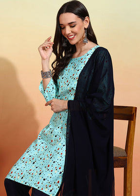 3 Pc Sky Blue Readymade Silk Dupatta Suit Set