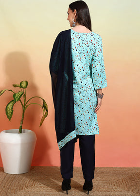 3 Pc Sky Blue Readymade Silk Dupatta Suit Set