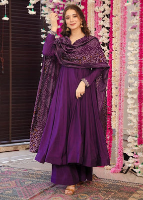 3 Pc Wine Readymade Chanderi Dupatta Suit Set