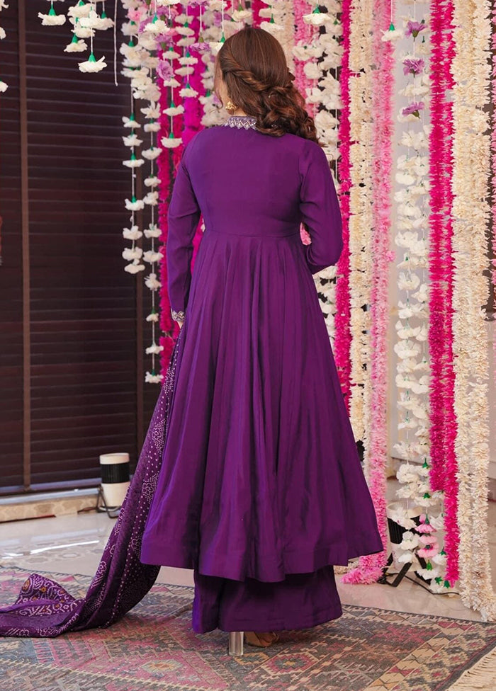 3 Pc Wine Readymade Chanderi Dupatta Suit Set