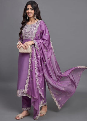 3 Pc Purple Readymade Viscose Dupatta Suit Set