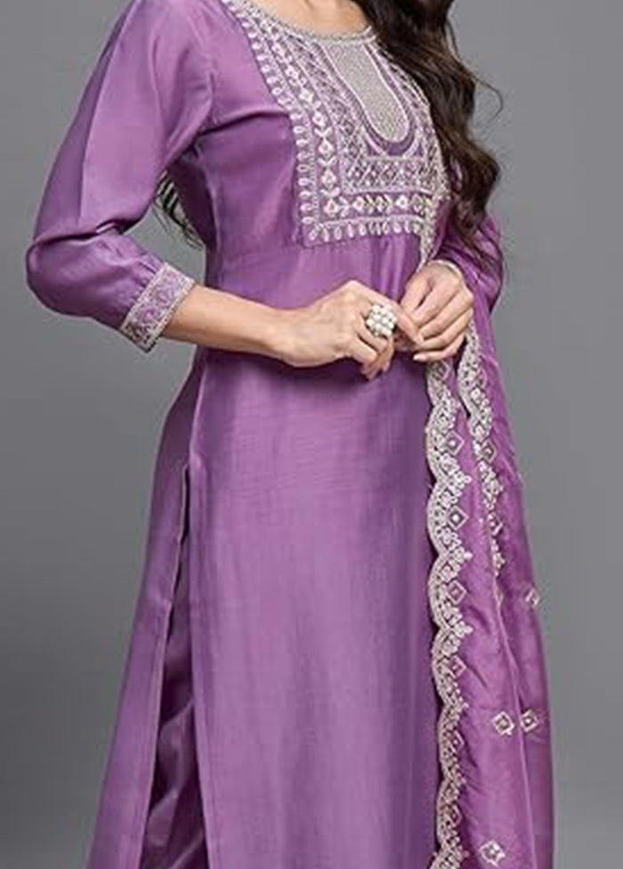3 Pc Purple Readymade Viscose Dupatta Suit Set