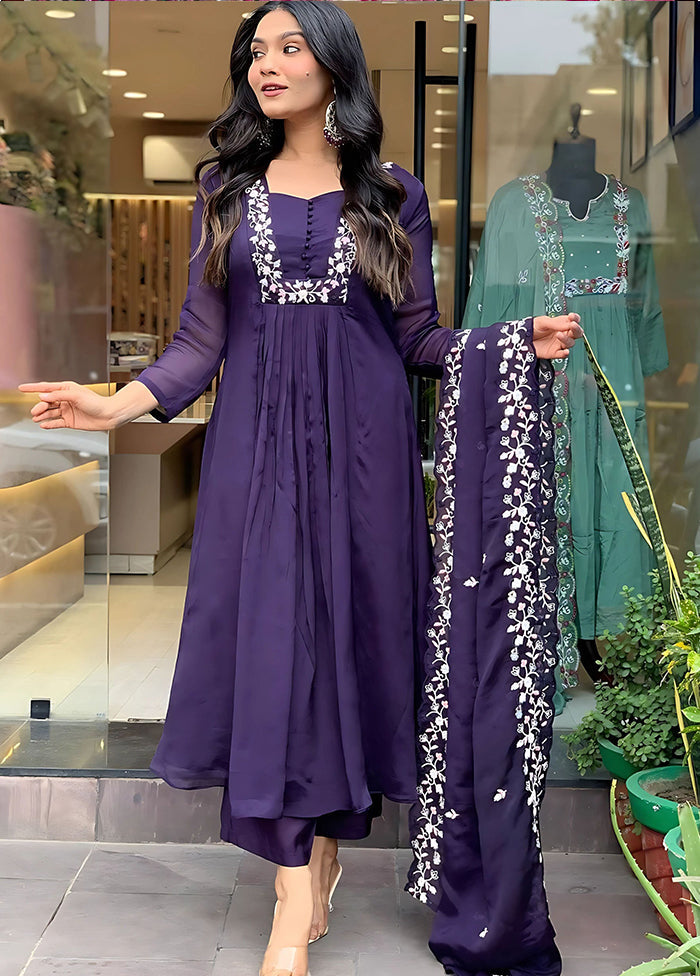 3 Pc Voilet Readymade Silk Dupatta Suit Set