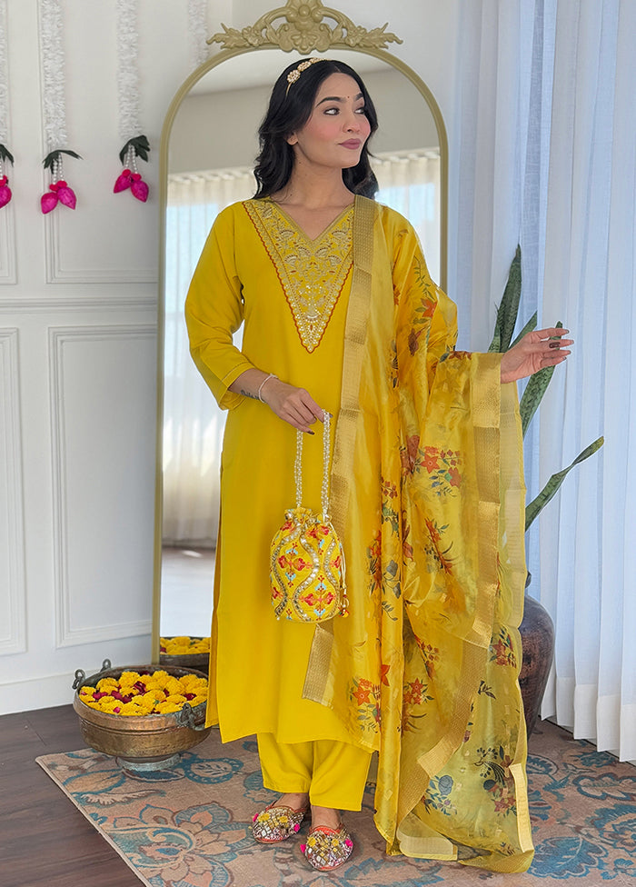 3 Pc Mustard Readymade Rayon Dupatta Suit Set