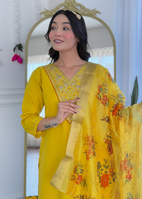 3 Pc Mustard Readymade Rayon Dupatta Suit Set