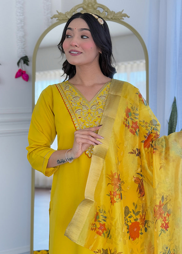 3 Pc Mustard Readymade Rayon Dupatta Suit Set