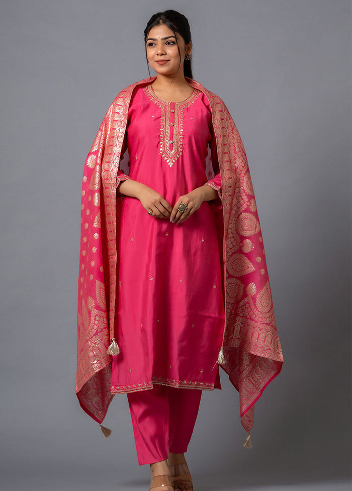 3 Pc Pink Readymade Viscose Dupatta Suit Set