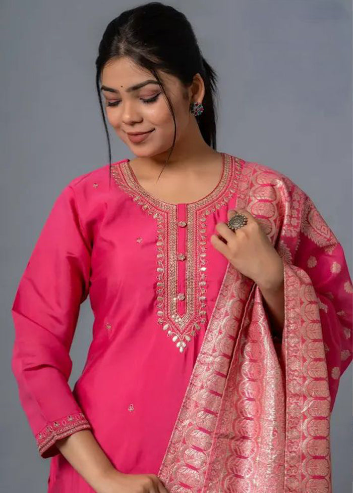 3 Pc Pink Readymade Viscose Dupatta Suit Set