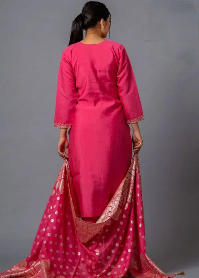3 Pc Pink Readymade Viscose Dupatta Suit Set