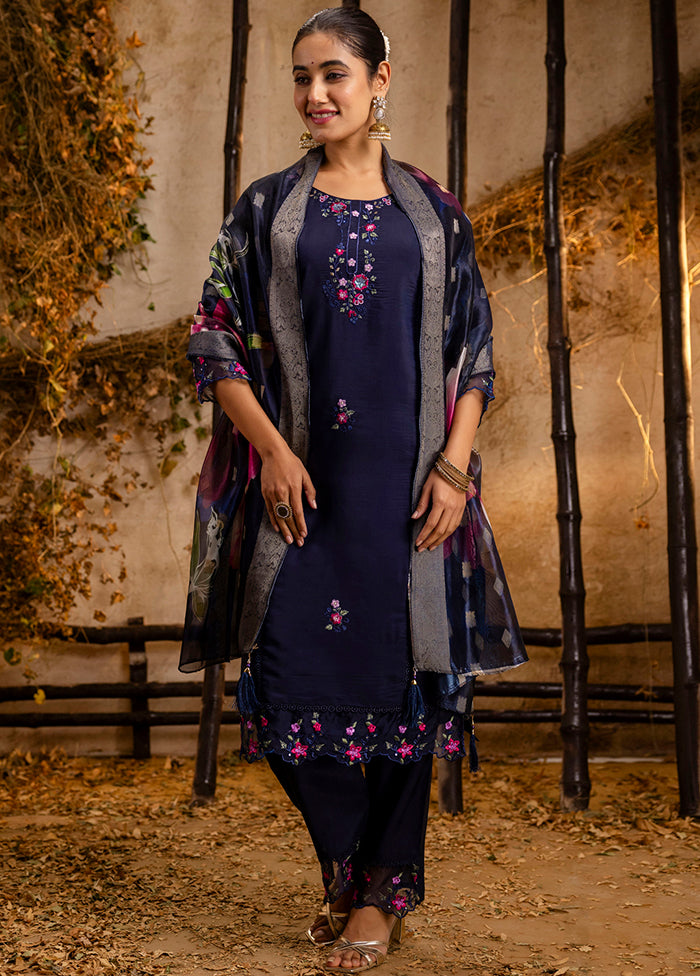 3 Pc Blue Readymade Viscose Dupatta Suit Set