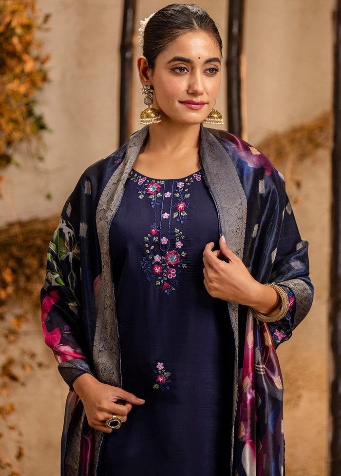 3 Pc Blue Readymade Viscose Dupatta Suit Set