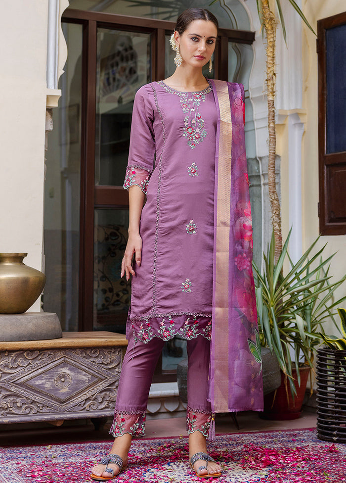 3 Pc Lavender Readymade Viscose Dupatta Suit Set