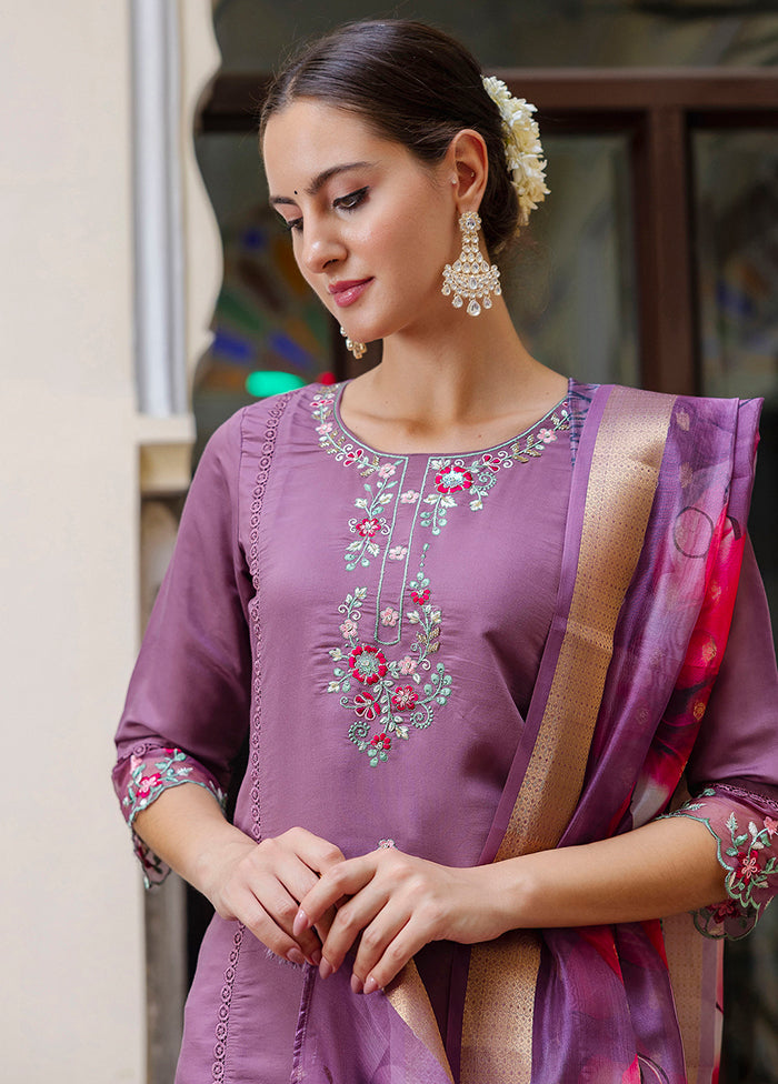 3 Pc Lavender Readymade Viscose Dupatta Suit Set