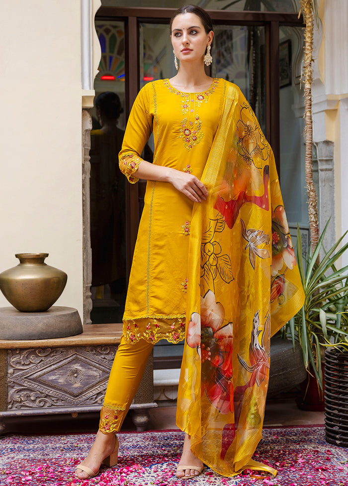 3 Pc Mustard Readymade Viscose Dupatta Suit Set