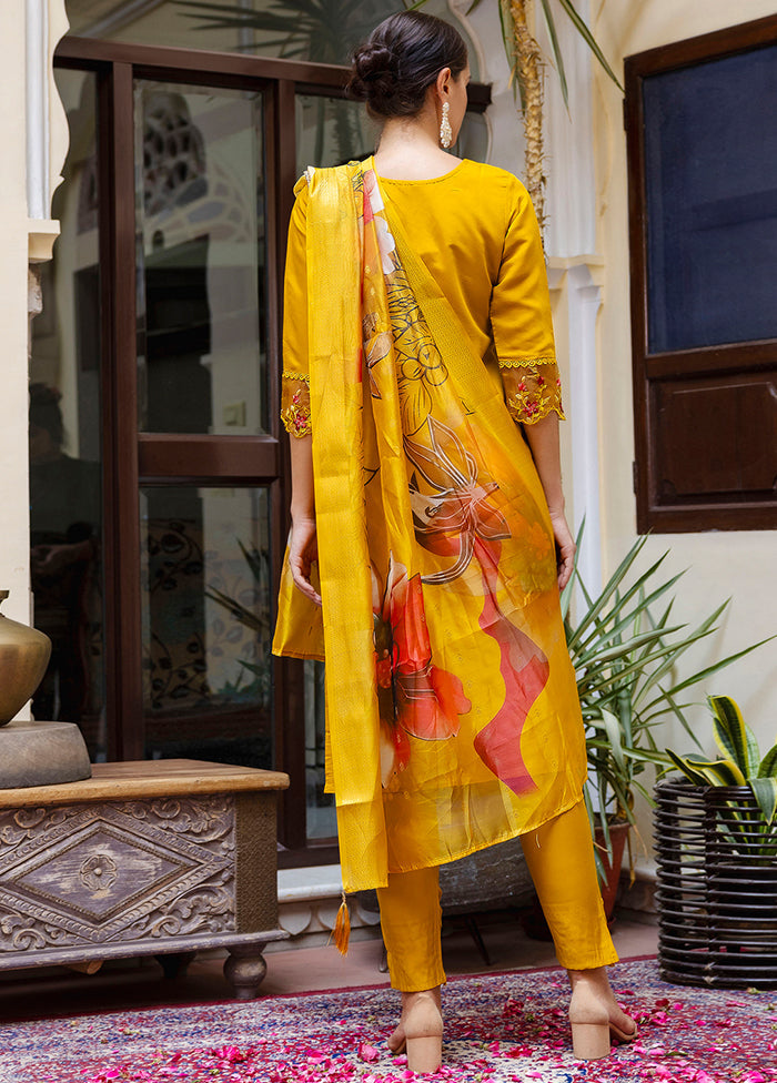 3 Pc Mustard Readymade Viscose Dupatta Suit Set