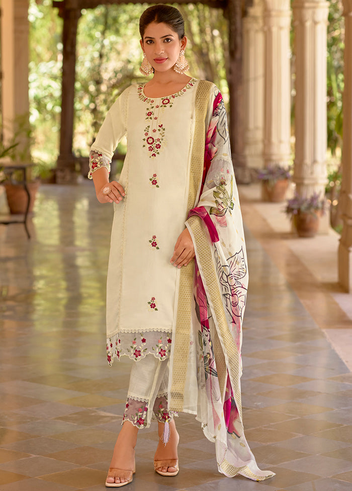 3 Pc White Readymade Viscose Dupatta Suit Set