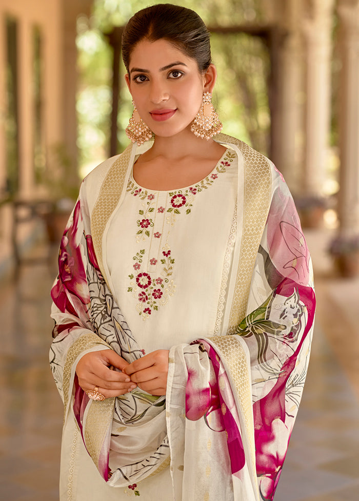3 Pc White Readymade Viscose Dupatta Suit Set