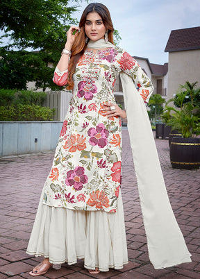 3 Pc Off White Readymade Viscose Dupatta Suit Set