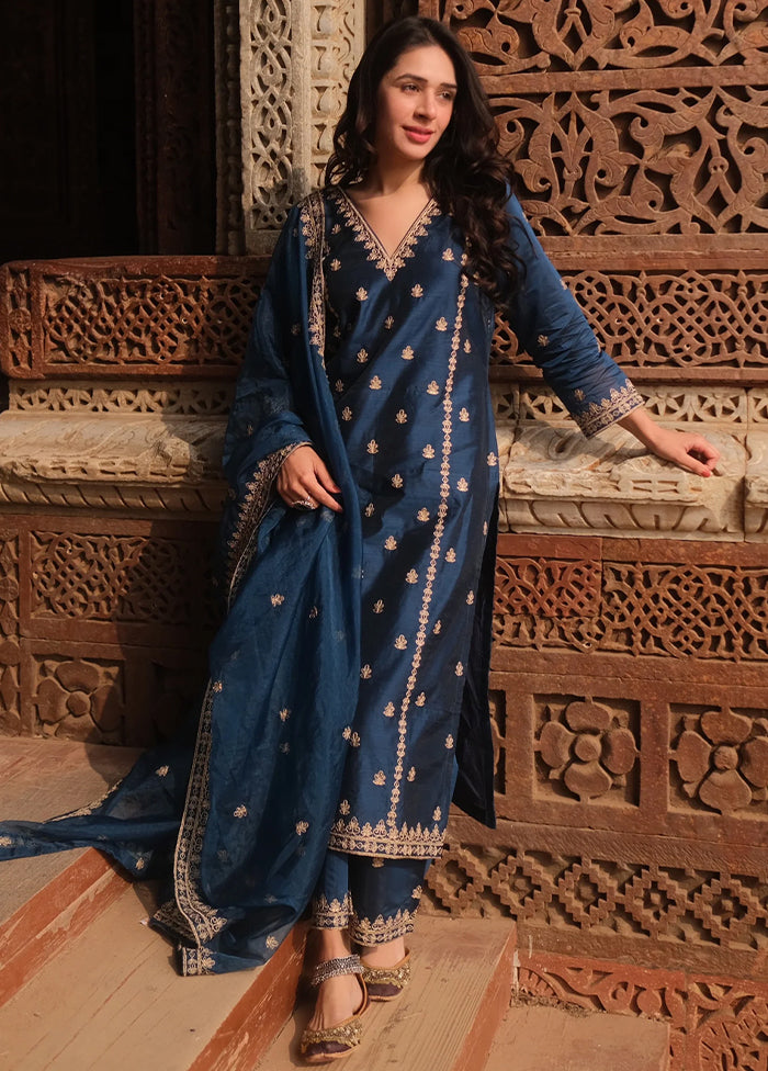 3 Pc Blue Readymade Viscose Dupatta Suit Set